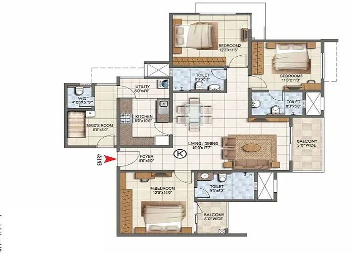 3 BHK floor plan of 1,550 and 1,850 sq. ft. apartments at Sobha Amara near Outer Ring Road Hyderabad
