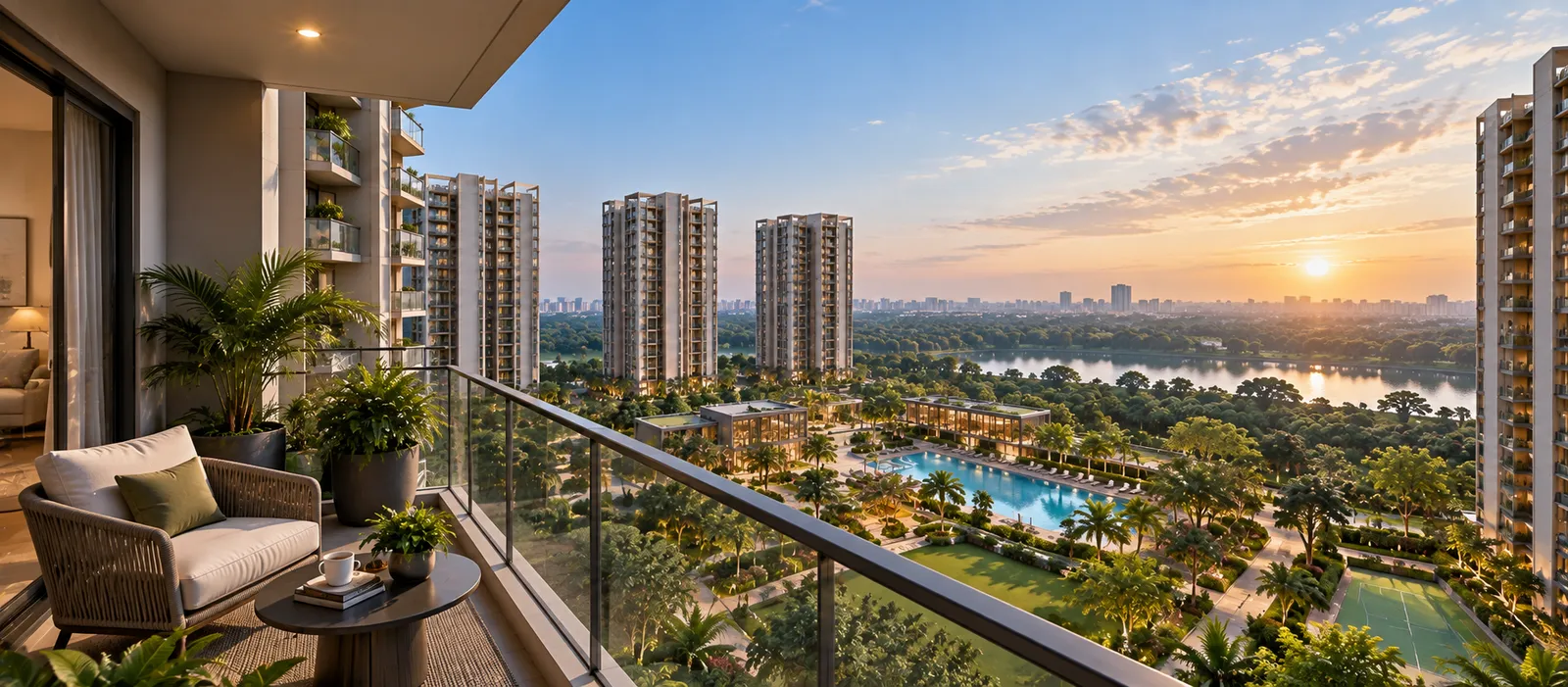 Dusk aerial perspective of high-rise residential towers and open greens at Sobha Amara Hyderabad