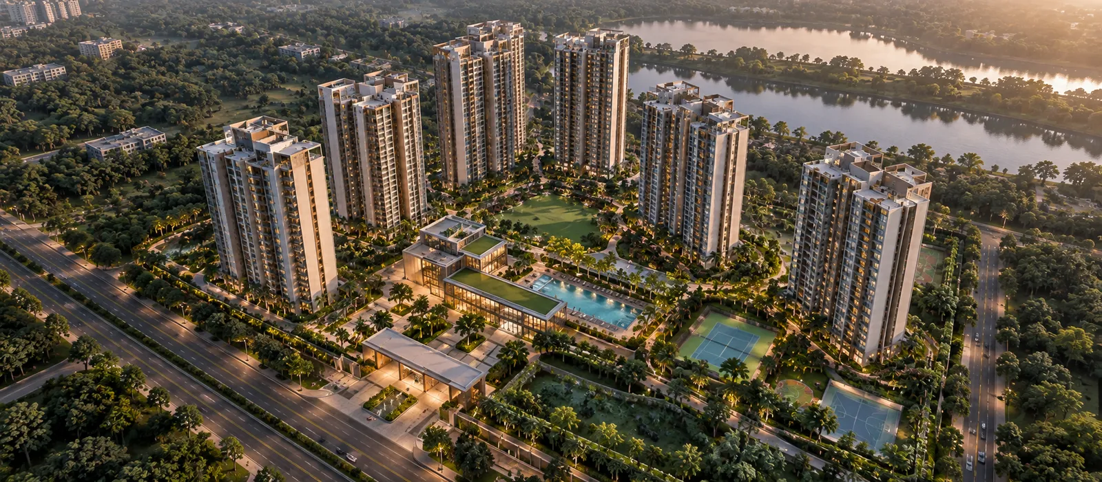 Top-down aerial layout of Sobha Amara showing the two G+56 towers, central amenity spine and landscaped open space at Kismatpur