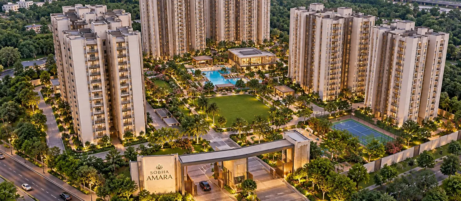 Aerial evening view of the Sobha Amara gated entrance, central lawn, pool and residential towers at Kismatpur, Hyderabad