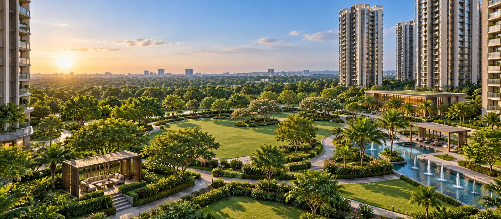 Apartment balcony overlooking landscaped greens and the Hyderabad skyline from an upper floor at Sobha Amara
