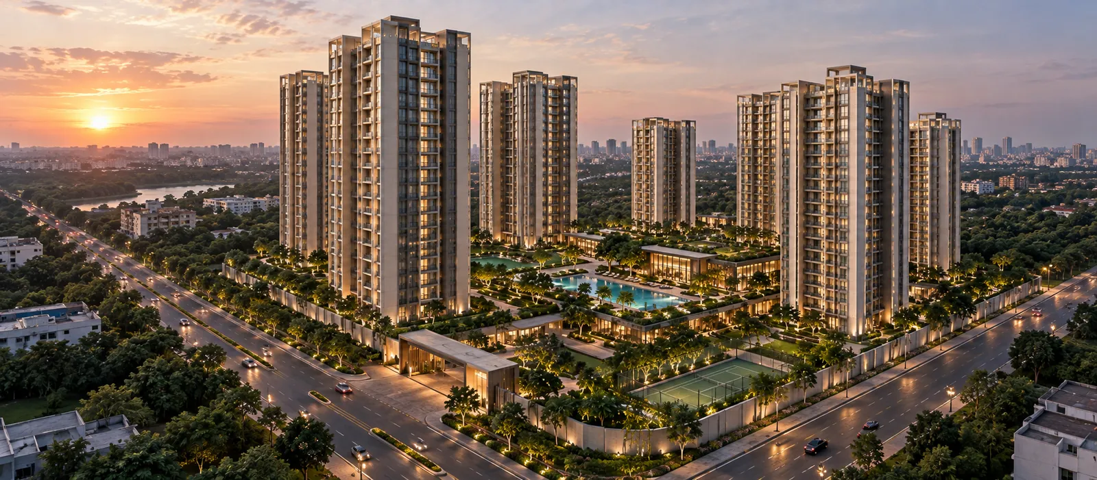 Central landscaped green with walking pathways between the high-rise apartment towers at Sobha Amara