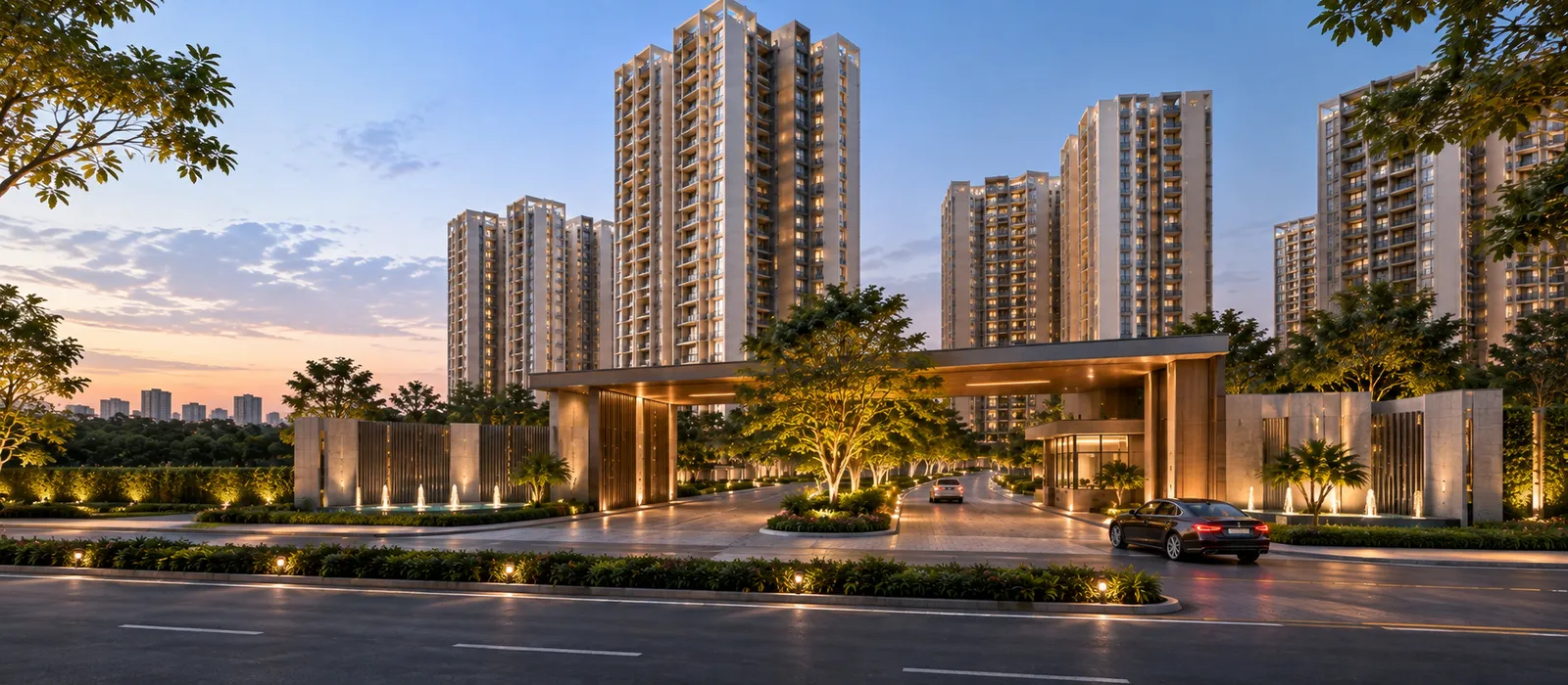 Landscaped arrival driveway and drop-off canopy leading into the Sobha Amara residential towers