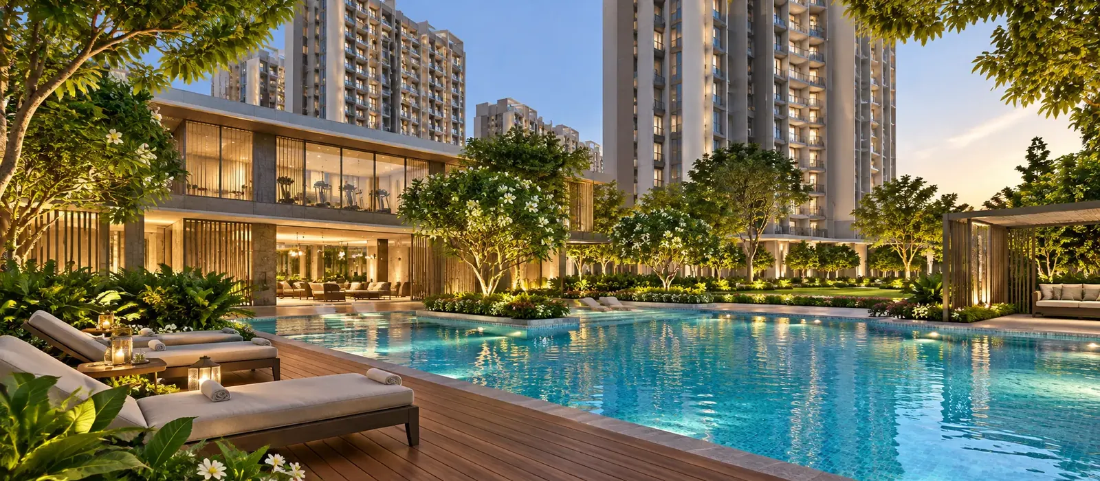 Evening view of the swimming pool, timber sun deck and glass-fronted clubhouse with high-rise towers behind at Sobha Amara Kismatpur