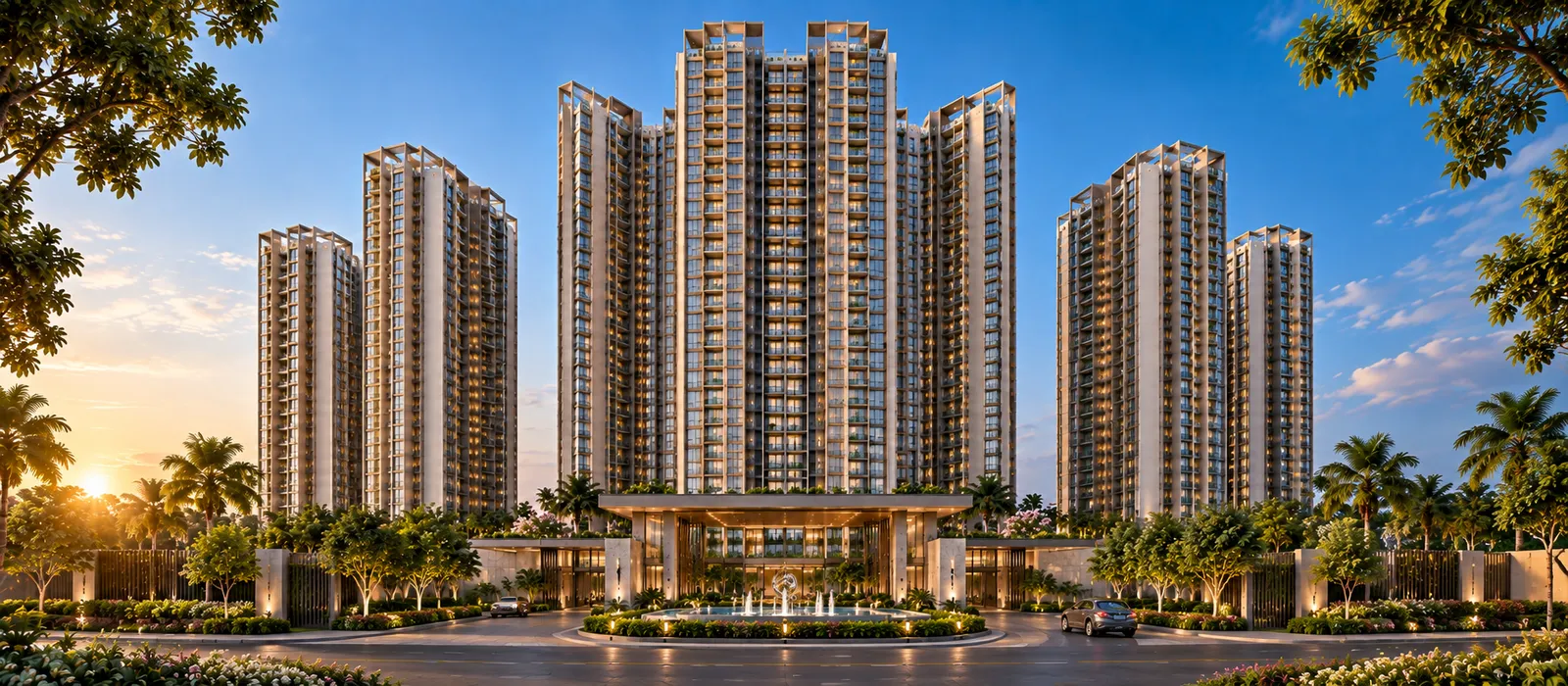 Illuminated high-rise tower elevation of the G+56 residential towers at Sobha Amara Kismatpur