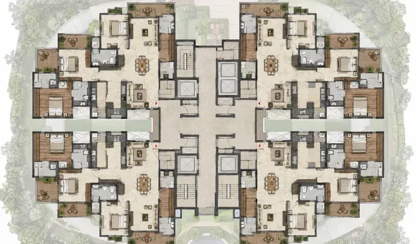 Typical floor plate drawing showing the apartment arrangement on one level of a Sobha Amara tower